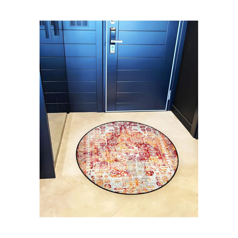 Orange Theme Traditional Patterned Round Woven Base Vintage Decorative Carpet, Round 2'8"