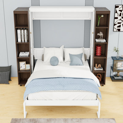 Queen Murphy Bed Wall Bed with Dual Push-Pull Foldable Cabinets