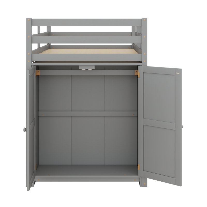Lit mezzanine multifonctionnel avec garde-robe de rangement intégré et 2 fenêtres, Gris