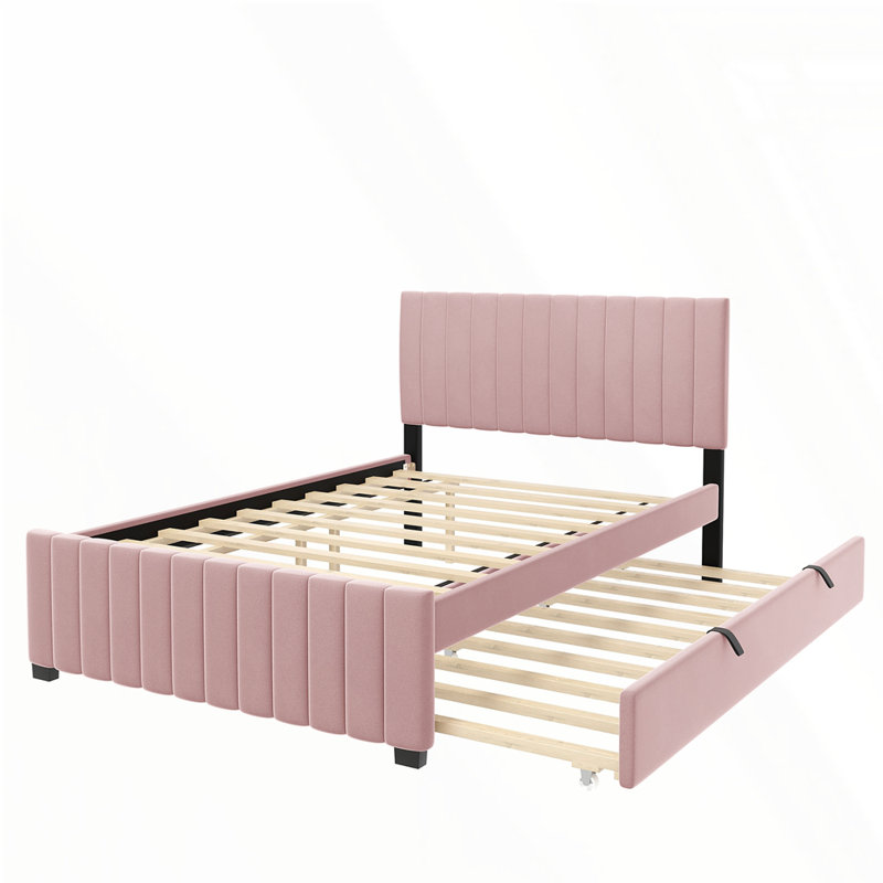 Lit plateforme double en velours avec lit gigogne, Rose