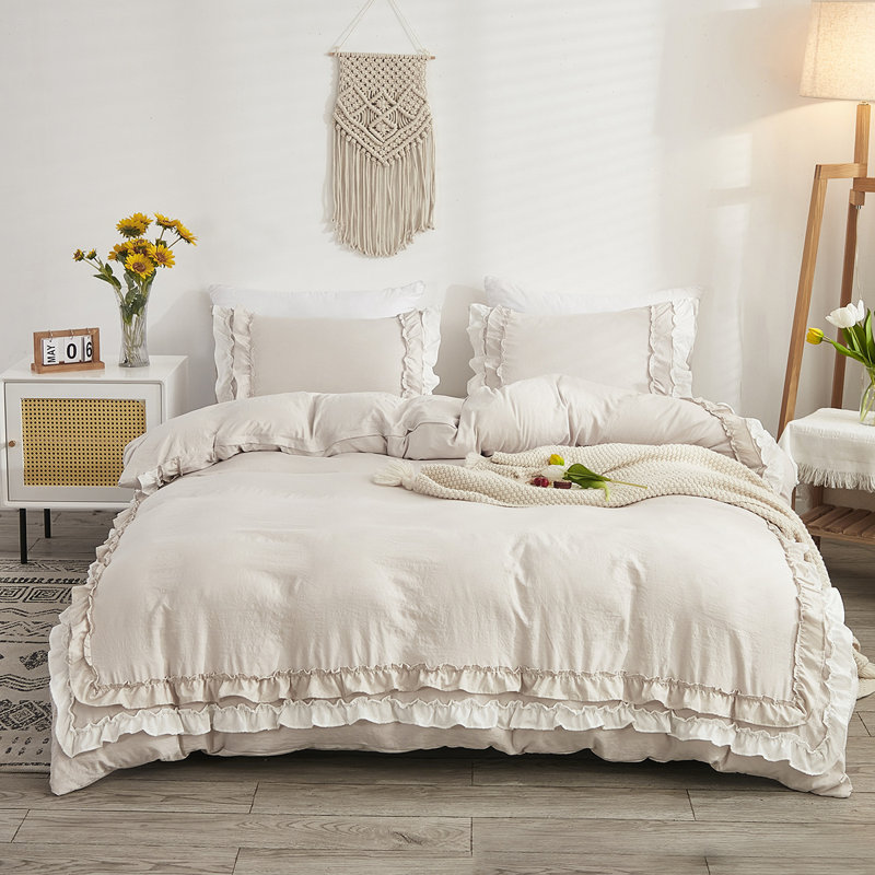  Gray And White Ruffled Duvet Cover Set With Zipper Closure, King Duvet Cover + 2 King Pillowcases