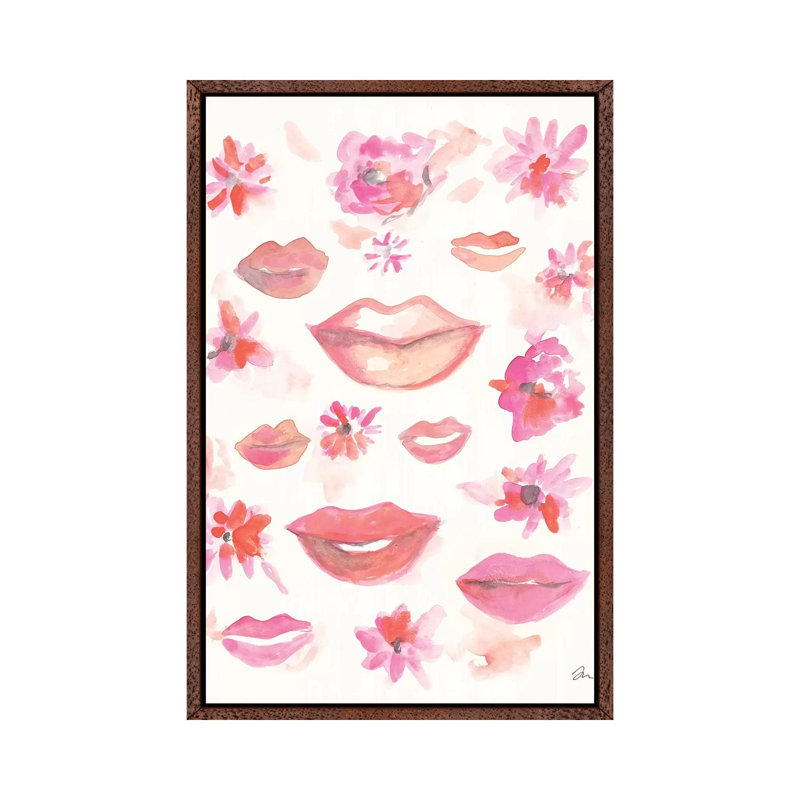 Lips by Jessica Mingo - Print on Canvas, 66.04cm H x 45.72cm W x 3.81cm D, Classic Brown Wood Floater Framed