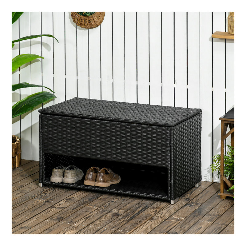 Outsunny Outdoor Deck Box & Shoe Storage, PE Rattan Wicker Towel Rack With Liner For Indoor, Outdoor, Patio Furniture Cushions, Pool, Toys, Garden Tools, Black