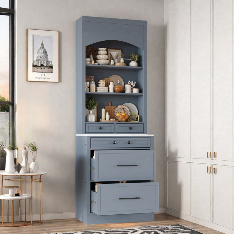 Garde-manger moderne avec plateau en faux marbre, 5 tiroirs et une tablette réglable, ensemble de 2, Gris
