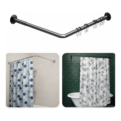 Tringle de rideau de douche réglable en L (39 po - 52,5 po x 71 po - 85 po), noire, 12 crochets et support
