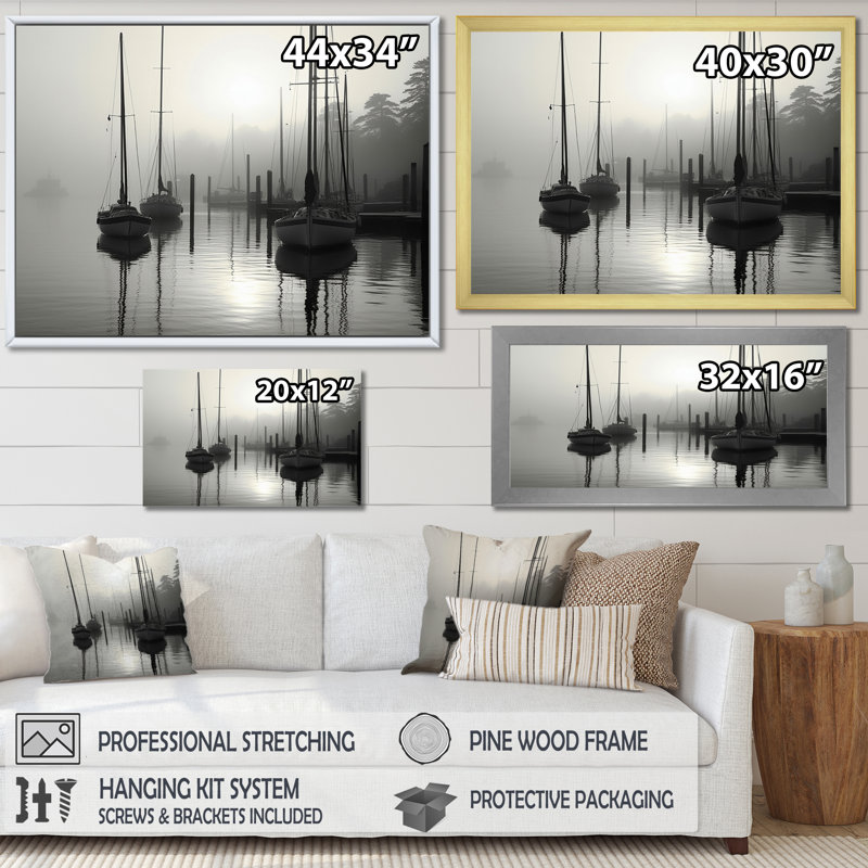 Boat Misty Harbour - Transportation Canvas Art Print, H 24 po x l 32 po, Cadre flottant noir