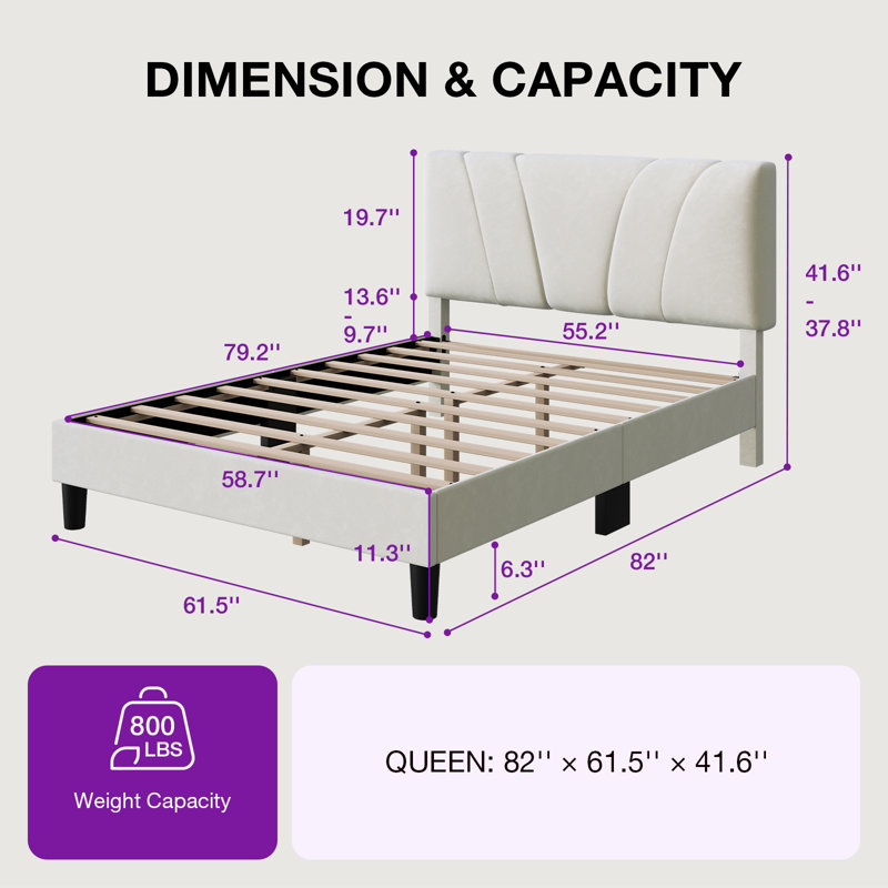 Lit plateforme tapissier avec tête de lit ajustable, Grand lit, Velours blanc, Tête de lit réglable
