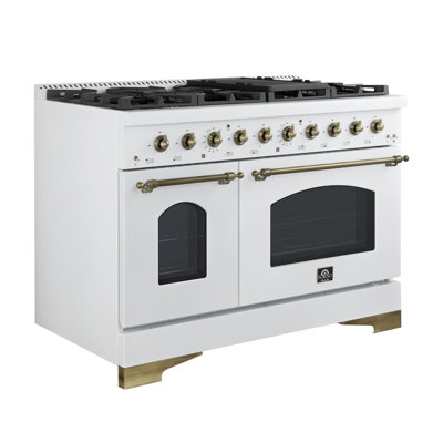 Forno Antico 48-inch Dual Fuel Range with 8 Burners, 94,000 BTU, 5.5 cu.ft. Double Ovens & Griddle, Antique Brass Finish