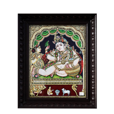 Bala Krishna savourant le beurre | Tanjore, peinture avec cadre | Couleur traditionnelle avec or 24 carats