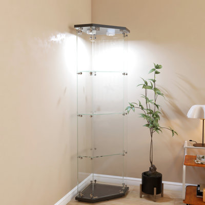 Armoire de coin noire en verre avec une porte, 4 tablettes, 64,56 po x 16,73 po x 16,73 po, verre épais de 4 mm, 13 lumières à DEL de couleur, facile à monter, pour assembler des œuvres d'art et des décorations, livres