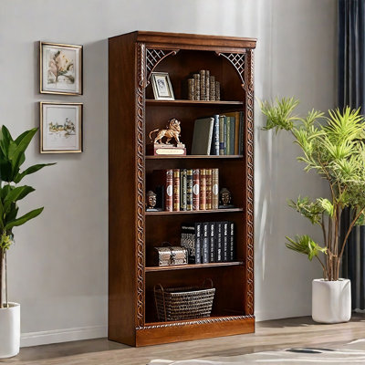 Brown All Solid Wood Carved Bookcase.