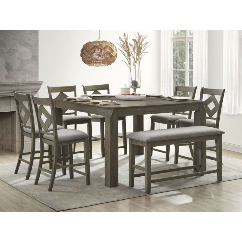 Dilyla Grey Wood Counter Height Dining Set, 8-pieces: 1 dining table, 6 chairs and 1 bench