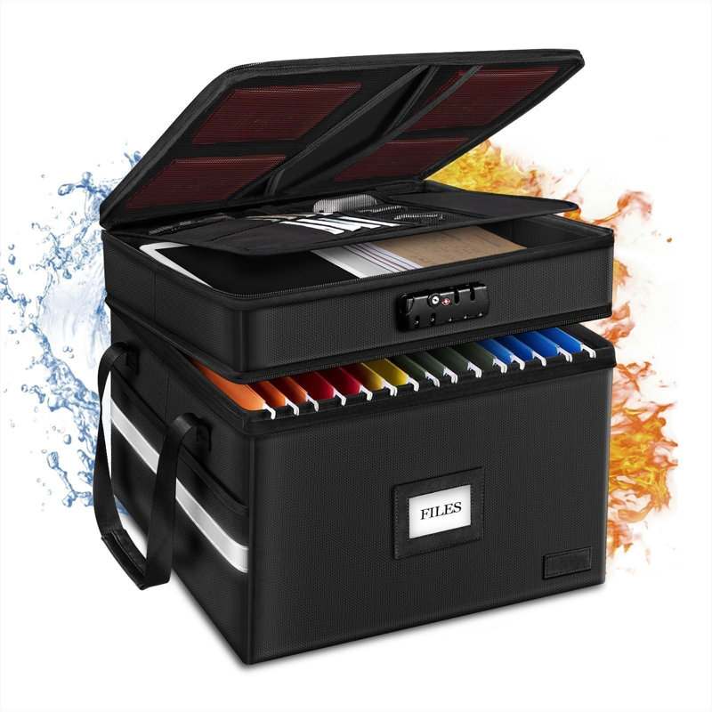 Boîte à documents ignifuge avec serrure, classeur à 2 niveaux avec 5 onglets, rangement de dossiers pliable pour bureau avec bande réfléchissante pour la lettre suspendue, dossier de format légal