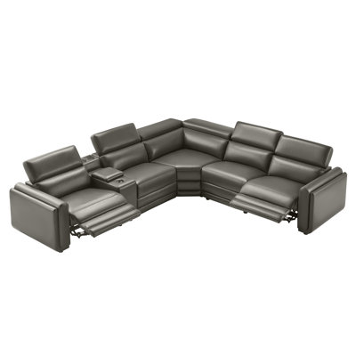 Très grand canapé modulaire inclinable électrique double à 5 places avec console / porte-gobelets et rangement, revêtement Leathaire, gris foncé