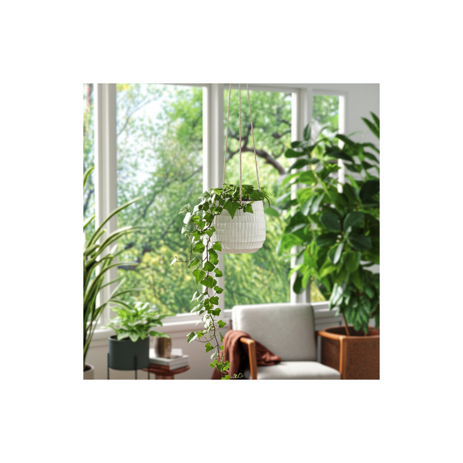 Rosaria Ceramic Hanging Planter, Dimpled White, 6.5" H x 7" W x 7" D
