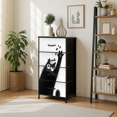 4 Drawer Vertical Storage Dresser Doodle black cat fish playing cat hand drawing black halloween with Wood Top Fabric Pull Drawers