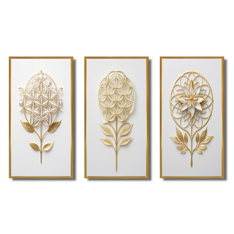 «Flower of Life Golden Elegance I», ensemble de 3 reproductions, Cadre flottant doré, H 32 po x l 48 po