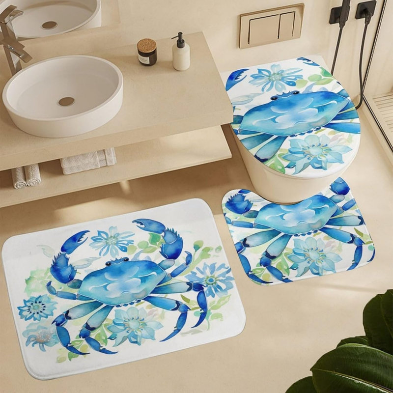 Tapis de salle de bain aquarelle crabe marine pour coin de terrasse bord de mer, 3 pièces, Teal, Animals 5