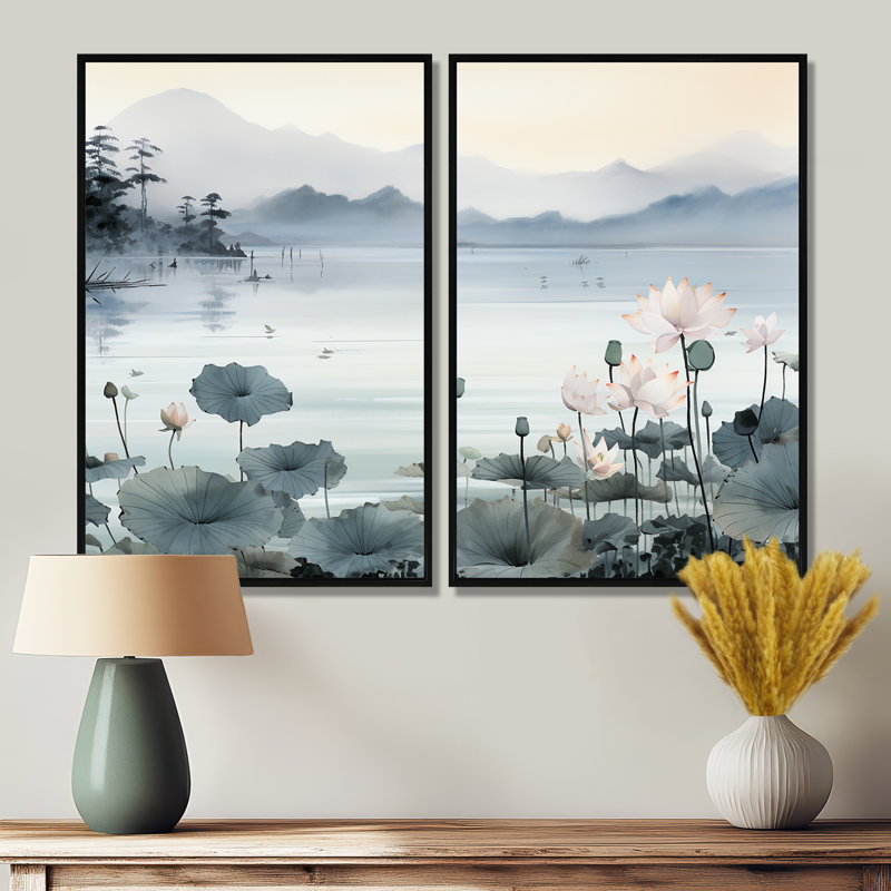 «Asian Art Ink Lake I», art mural asiatique, Noir, H 36 po x l 48 po, Reproduction encadrée sans passe-partout