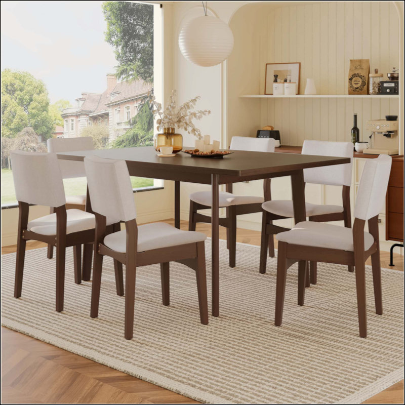 Ensemble de salle à manger moderne 7 pièces - Table rectangulaire en bois massif et chaises rembourrées en lin, avec tissu pour la cuisine / salle à manger
