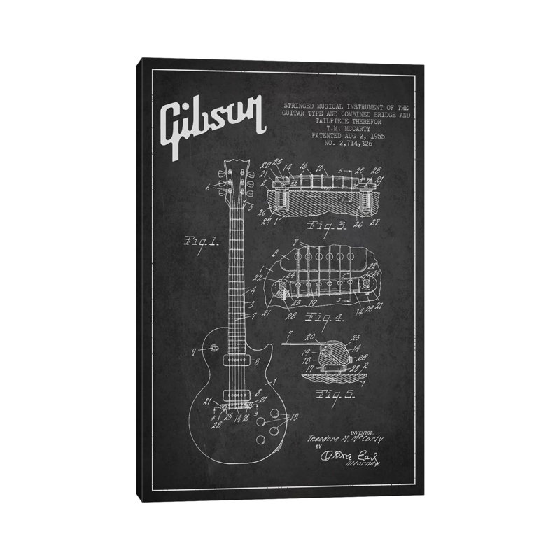 Gibson Guitar Charcoal Patent Blueprint by Aged Pixel - Print on Canvas, No Frame, 66.04 cm H x 45.72 cm W x 1.91 cm D