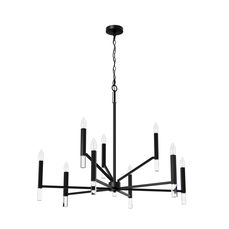 Sunjai 9 Light 2-Tier Sputnik Modern Linear Chandelier, Matte Black