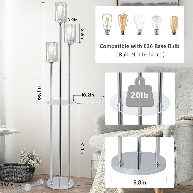 Modern Silver Crystal Floor Lamp With Shelves, 3-Light Standing Lamp For Living Room, Bedroom, Office