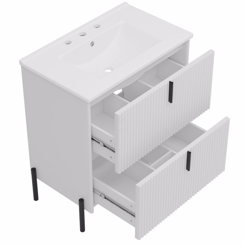 30" Bathroom Vanity With Ceramic Sink, Equipped With Vertical Pulls And Full-Extension Drawers, Freestanding Bathroom Vanity With Soft Close Drawer Slides