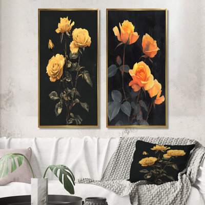 «Midnight Vintage Rose Flowers Elegance I», collection de 2 panneaux d'art sur toiles florales