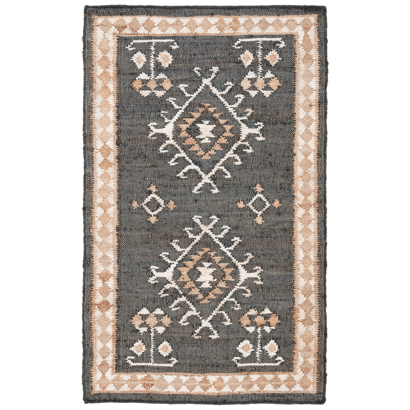 Kilim Southwestern Area Rug In Black / Ivory, Rectangle 61 x 91 cm