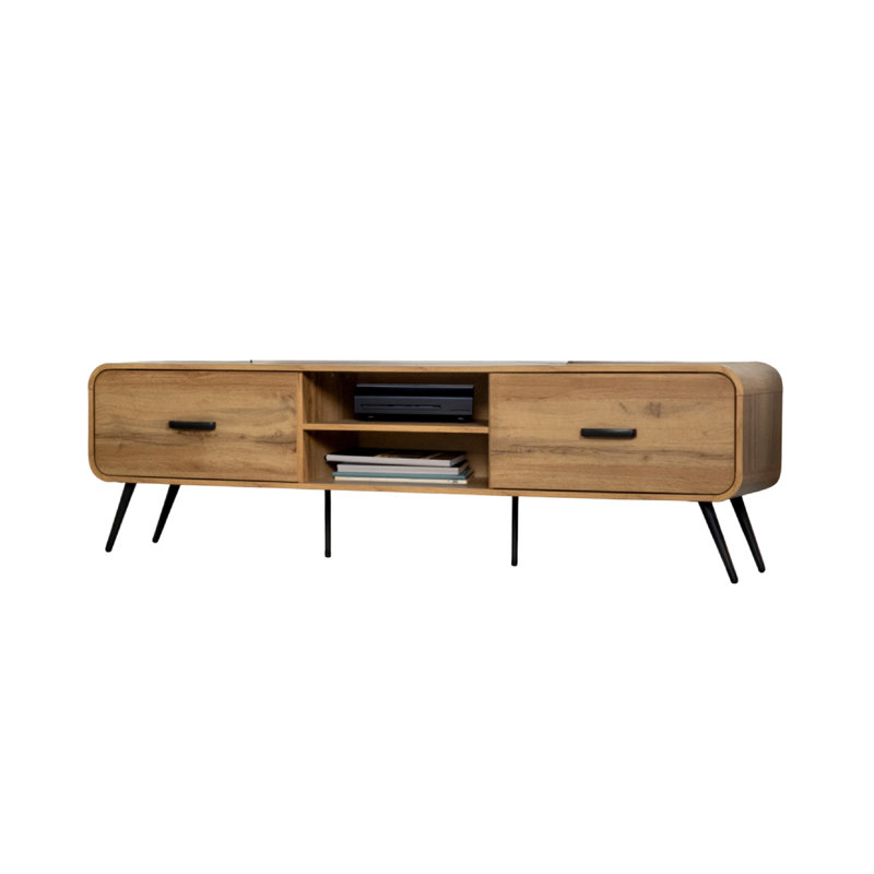 Wea TV Media Console, 71 Inch, 2 Drawers W Open Shelves, Oak Brown