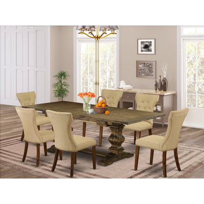 Ensemble de table et chaises de cuisine 7 pièces composé d'une table rectangulaire en bois avec rallonge amovible et 6 chaises Parsons en tissu brun, patiné Jacobean