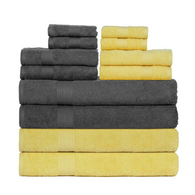 100% Cotton Bathroom Towel Set of 12 Absorbent Soft Plush Fast Drying Latitude Run Color: Gray/Yellow