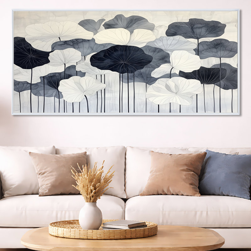 Étang de lotus gris - Impression sur toile encadrée de feuilles, H 28 po x l 60 po, Cadre flottant blanc