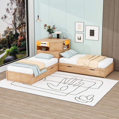 L-Shaped Twin Bed Frame with Trundle, Desk, Drawers and Shelves