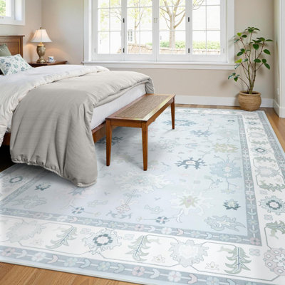 Guilhermina Vintage Oushak Washable Floral Area Rug with Non-Slip Backing, Distressed Traditional Rug for Living Room, Bedroom