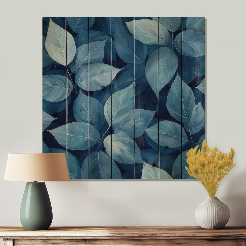Minimalism Azure Leaves Harmony II - Leaves  Wood Wall Decor - On Natural Pine Wood, 25" H x 25" W x 0.78" D
