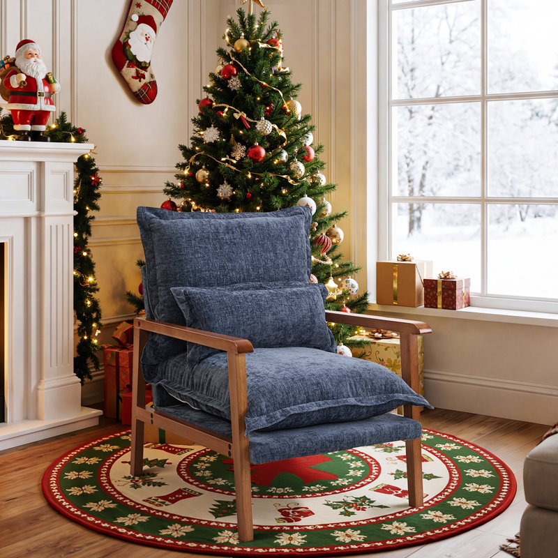 Chenille Accent Chair Armchair With Pillow, Walnut, Blue