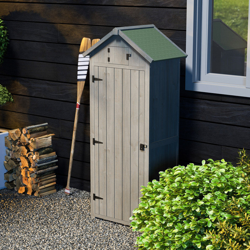 179cm Tall Grey Wooden Garden Storage Shed, Solid Fir Tool Cabinet with Lockable Single Door, 3 Shelves & Opening Top Window, Asphalt Roof