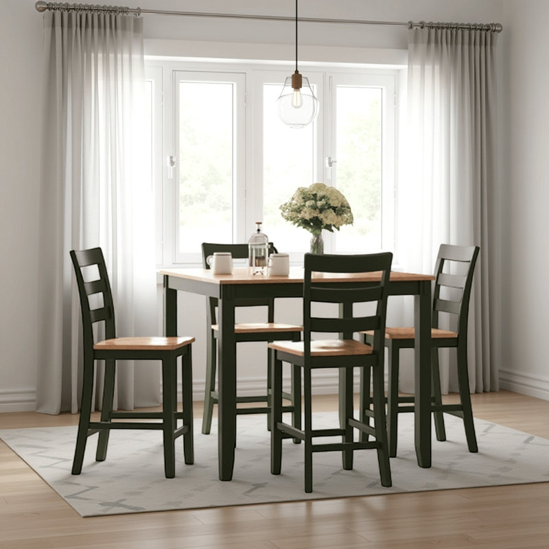 Gasy Counter Height Dining Table Set, 4 Chairs, Wood, Brown, Dark Green
