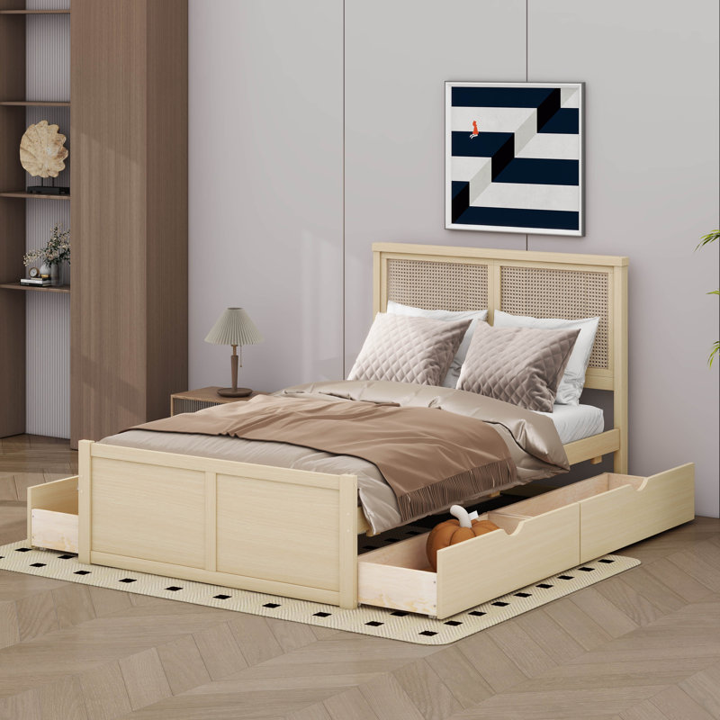 Lit plateforme en bois avec 4 tiroirs intégrés pour le rangement, Double, Nature