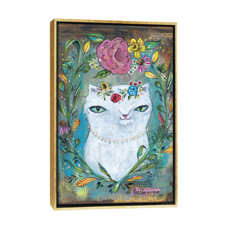 «White Kitty» par Heather Renaux - reproduction d'art, H 60 po x l 40po x P 1,5 po, Toile encadrée d'or, Pas de tapis
