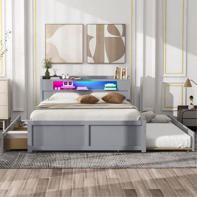 Grand lit plateforme en bois avec rangement à DEL, 2 tiroirs et 1 lit gigogne simple, gris