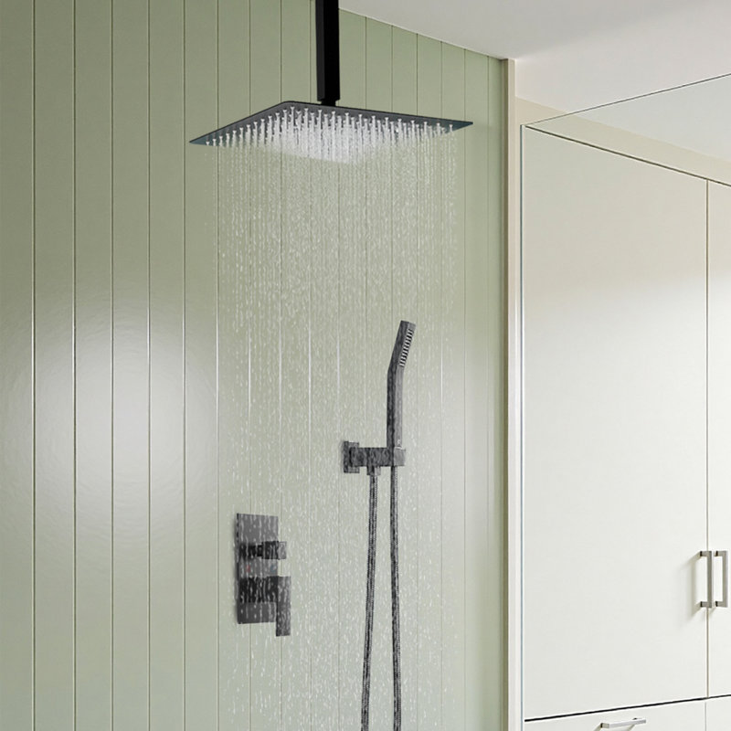 12 In Rainfall Shower System - Ceiling Mount, Rain Shower Heads With Handheld Spray, Thermostatic Shower Faucet Set Complete Shower Trim Kit With Rough-in Valve
