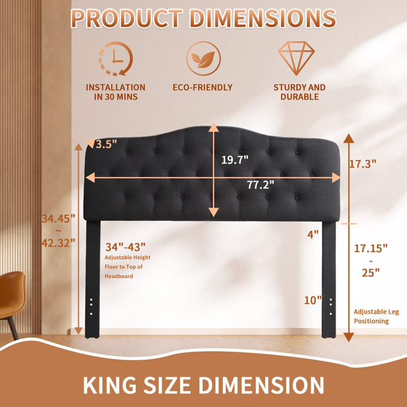 Adjustable Height Headboard with Linen Upholstery and Button Tufting for Bedroom, King, Dark Gray