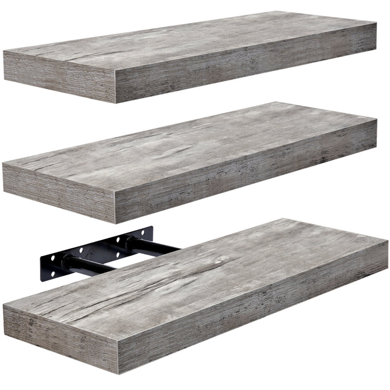 Sorbus 16" Long Floating Shelves with Invisible Mounting - Set of 3, Gray, Gray