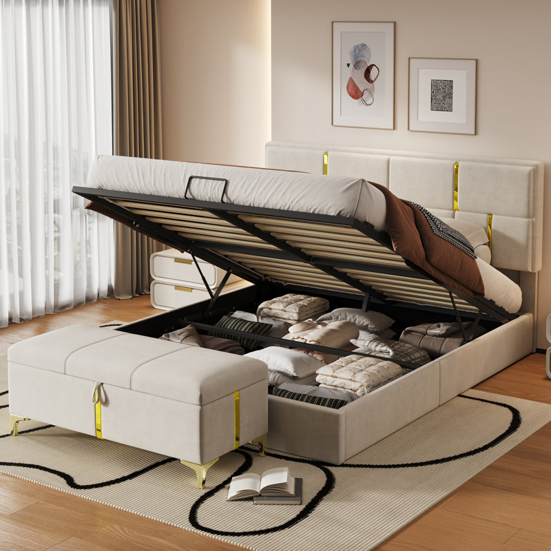 2-Pieces Bedroom Sets,Queen Size Upholstered Platform Bed with Hydraulic Storage System,Storage Ottoman with Metal Legs
