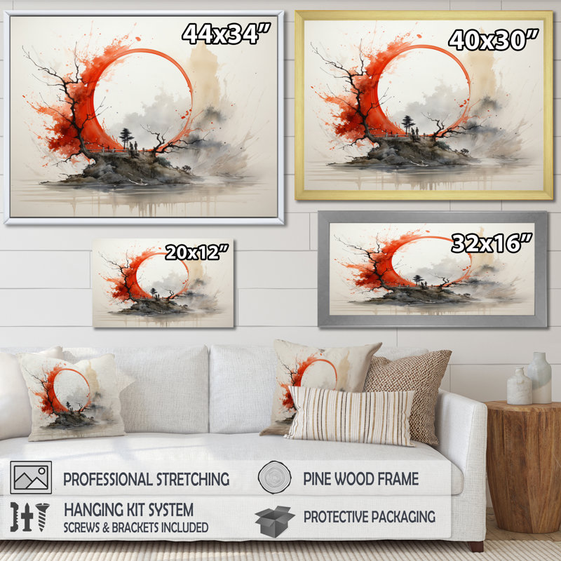 Rouge et gris, art bouddhiste Enso Lumières - art mural bouddhisme, Toile tendue, H 34 po x l 44 po x P 1,5 po