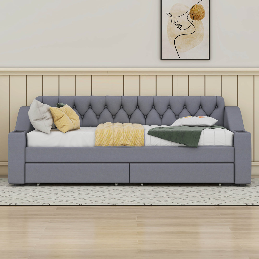 Twin Size Upholstered Daybed with Storage Armrests and USB Port Cosmic