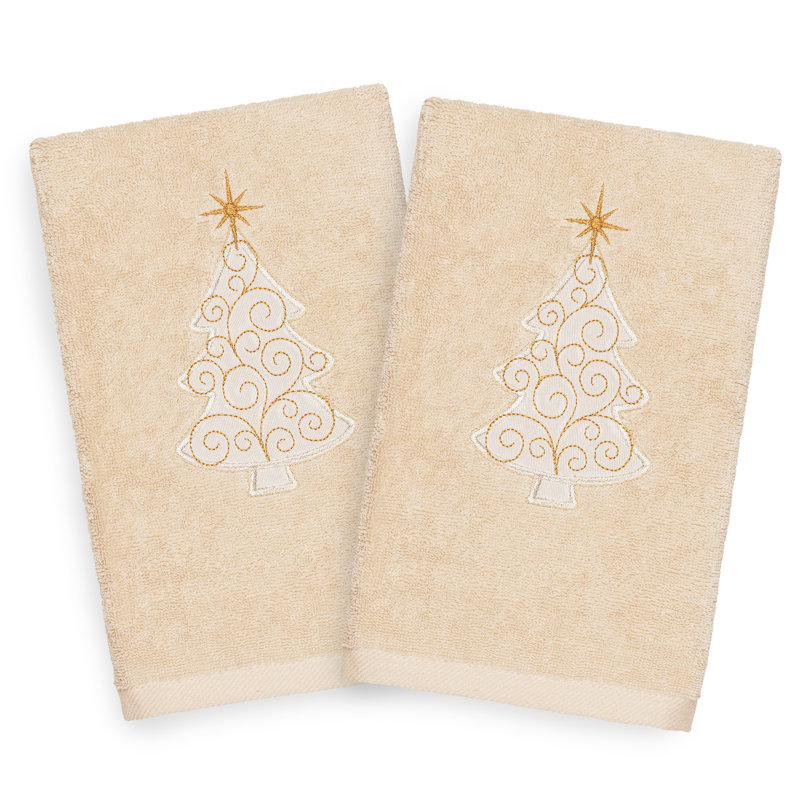Christmas Scroll Tree Embroidered Luxury Turkish Cotton Hand Towel, Sand